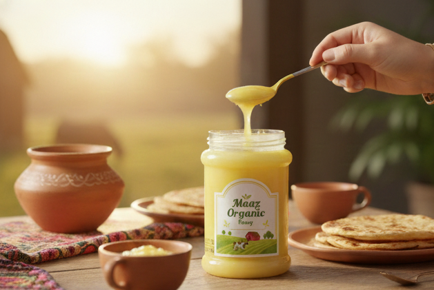 Maaz Organic 500g Cow Desi Ghee jar on rustic table with traditional food, farm background, pure and natural desi ghee product photography
